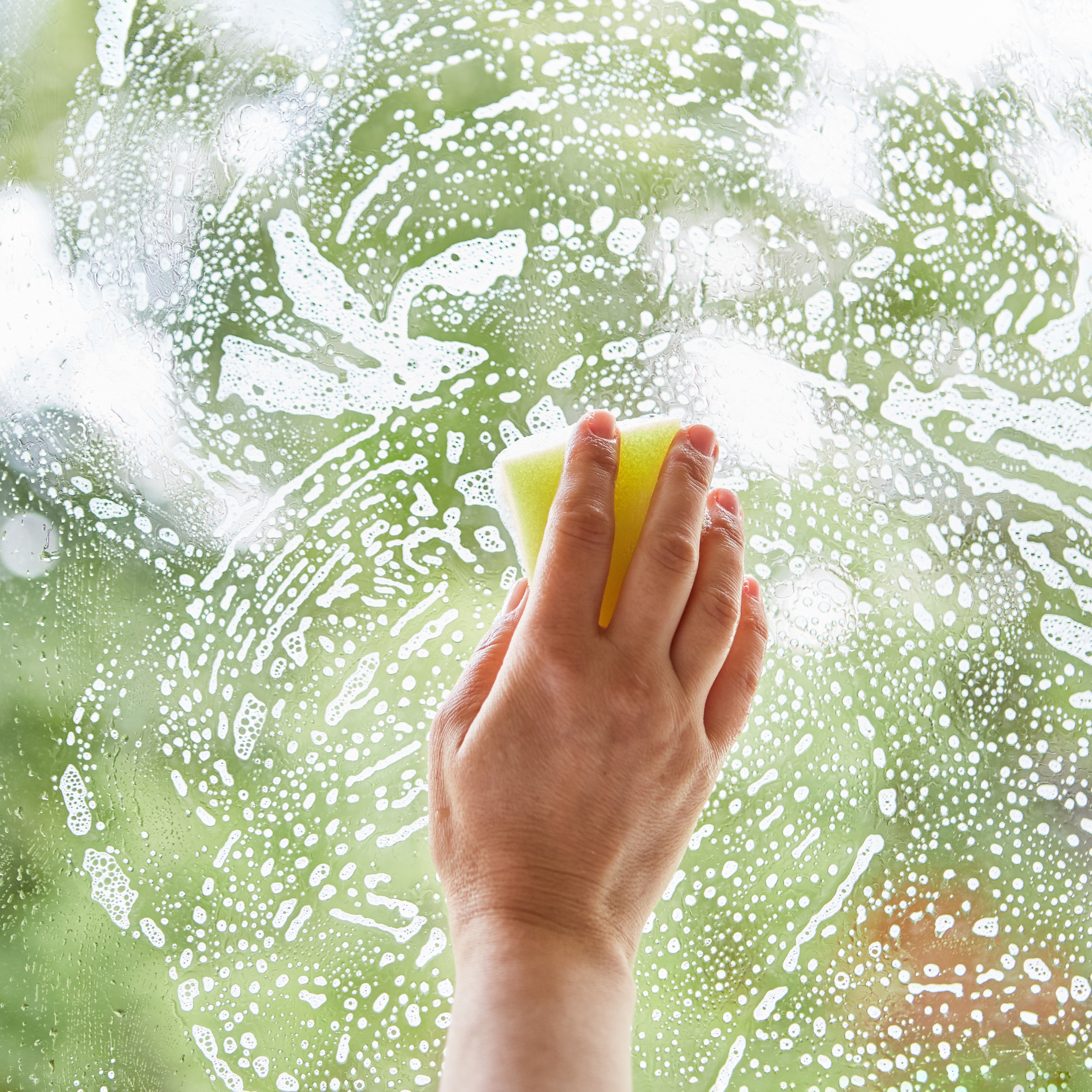 Spring cleaning windows with sponge